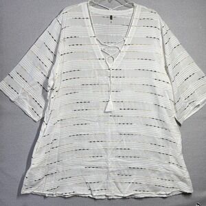 Wave Zone Cover Up Womens XL White Stripe Tassel Lace Up 3/4 Sleeve Beach Tunic